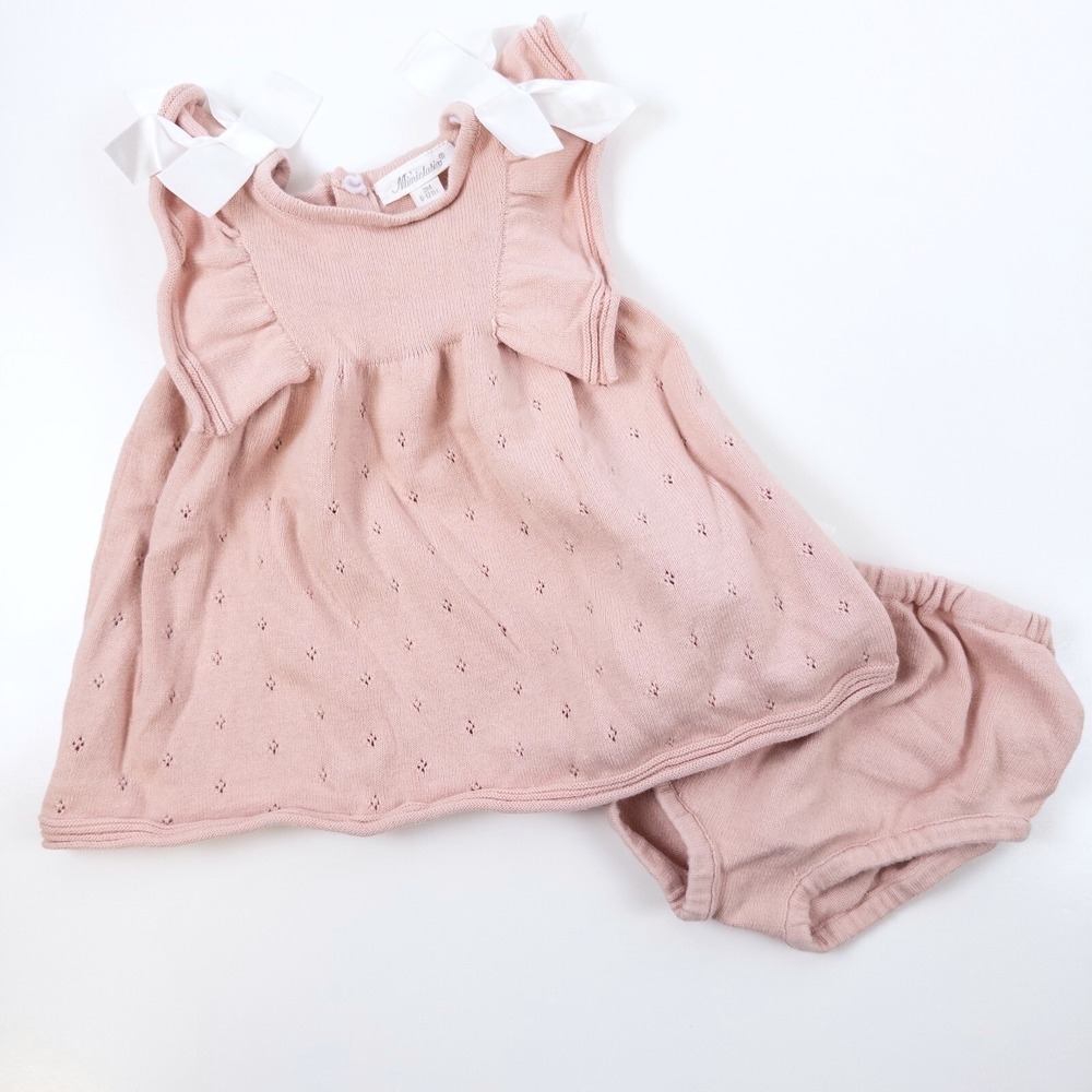 Miniclasix Knit Dress‎ Set Kids 3M Pink Pointelle Ruffle Bows